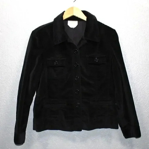 TALBOTS Black Velvet Velour Jacket Button Up Collar Stretch Casual Petite S - Picture 1 of 10